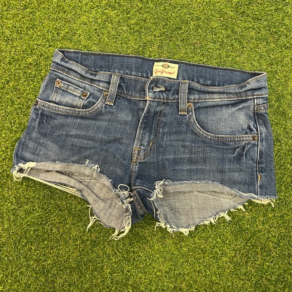Fossil Long Live Vintage Girlfriend Denim Shorts Medium Wash Raw Hem Size 25